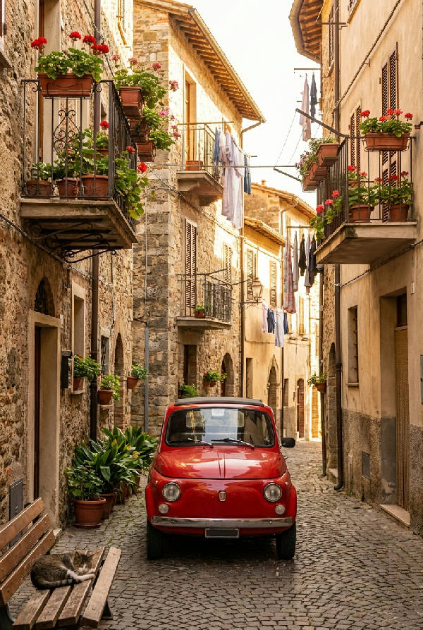 Levande orange veteran Fiat 500 parkerad i en smal italiensk gränd med stenbelagda gator och gamla byggnader.