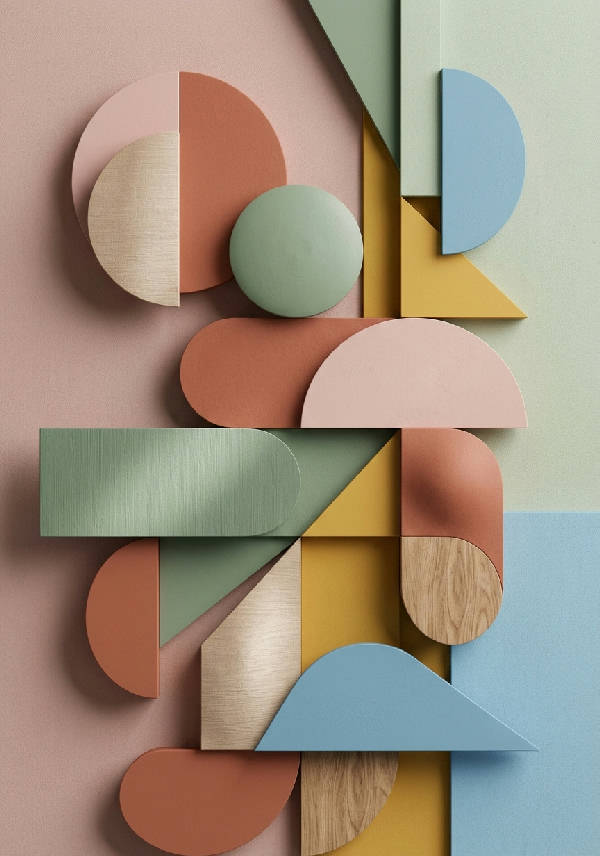 Abstrakt poster med geometriska former i mjuk lila, orange, blå och beige färg, porträttorienterad.