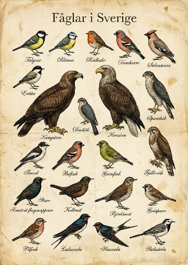 Vintage affisch med över 20 svenska fåglar som talgoxe, blåmes och rödhake i handkolorerad litografistil på åldrat papper, varje fågel märkt med sitt svenska namn.