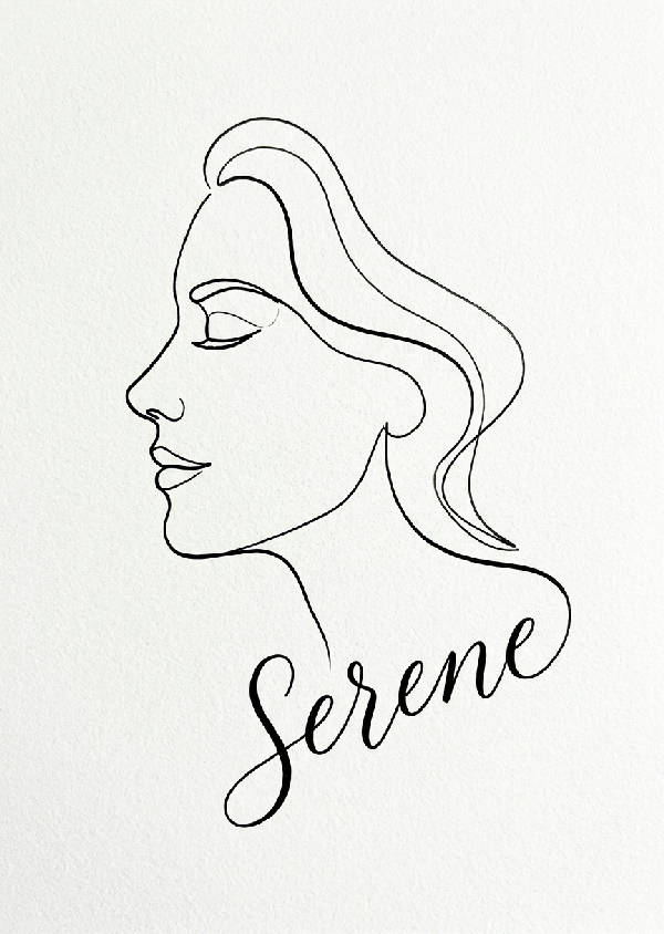 En minimalistisk konstnärlig komposition som kombinerar line art med elegant typografi i svartvitt.