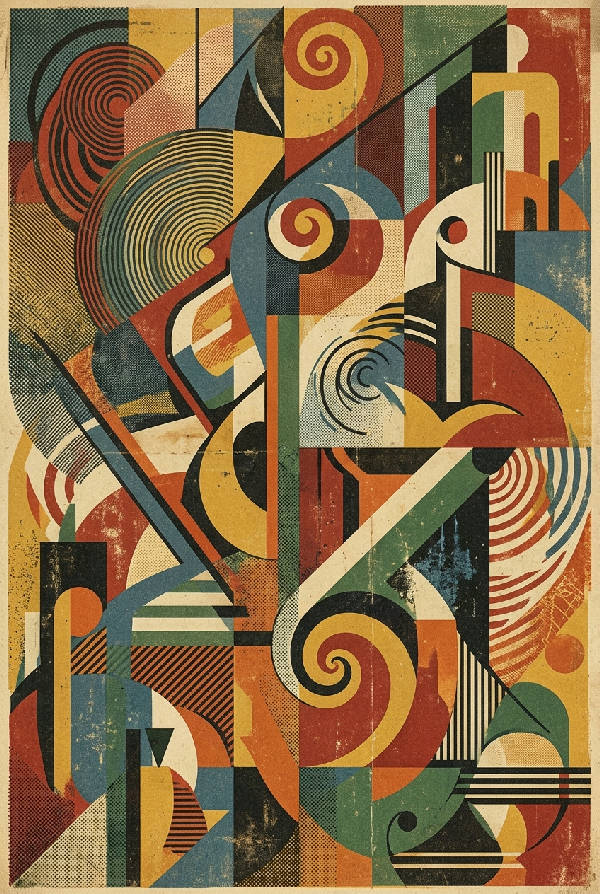 Vintageutställningsaffisch med texten 'Exposition D'art Graphique No1', i porträttorientering med en flerfärgad palett.