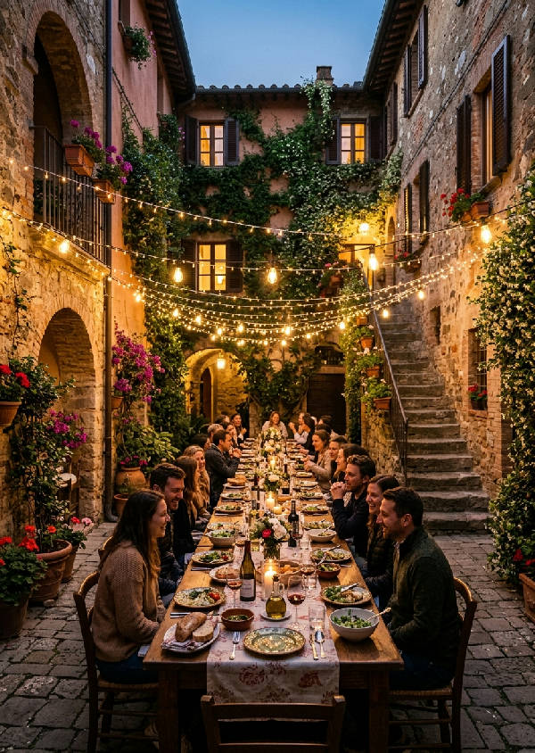 Porträttbild av en mysig italiensk innergård med ett dukat långbord, omgiven av grönskande växter och varma ljusslingor som skapar en intim stämning.