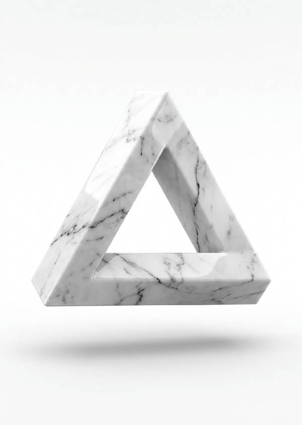 En omöjlig Penrose triangel av vit marmor med svarta ådror, skuggad. Geometrisk och minimalistisk konst.