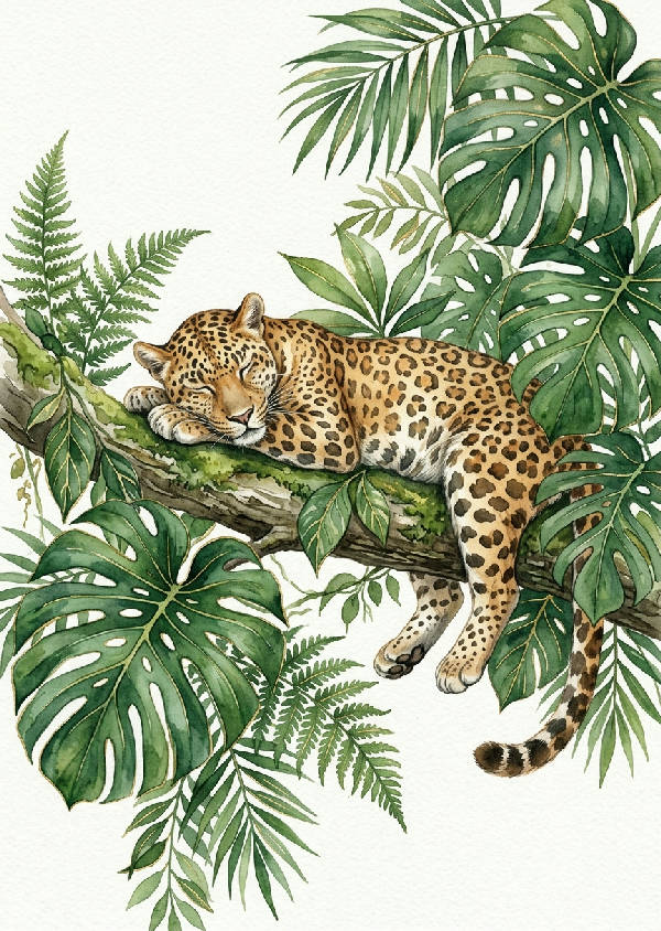 En leopard med fläckig päls smälter in bland täta, frodiga gröna blad och tropisk vegetation.