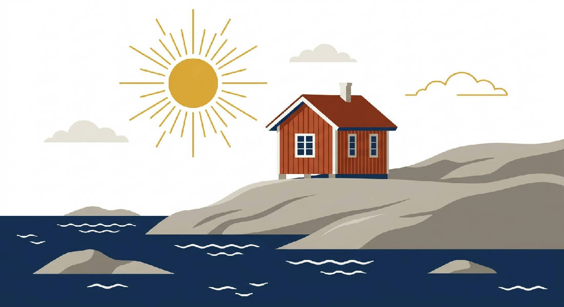 Samtida vektorgrafik av en röd stuga på en grå granitklippa vid havet under en lysande sol i skärgården.
