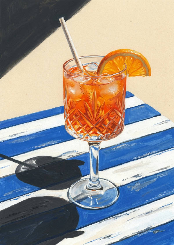 Iskall orange aperitivo spritz i kristallglas på ett blå-vitrandigt bistrobord under starkt solljus, gouache illustration.
