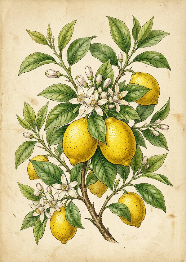Detaljerad vintage illustration av en grön citronkvist med gula citroner och blad, i stående format.