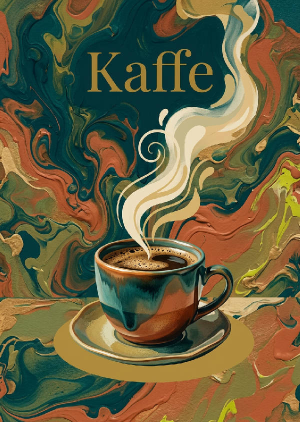 Minimalistisk poster med texten 'Kaffe' och en enkel illustration av en ångande kaffekopp i brunt och beige.