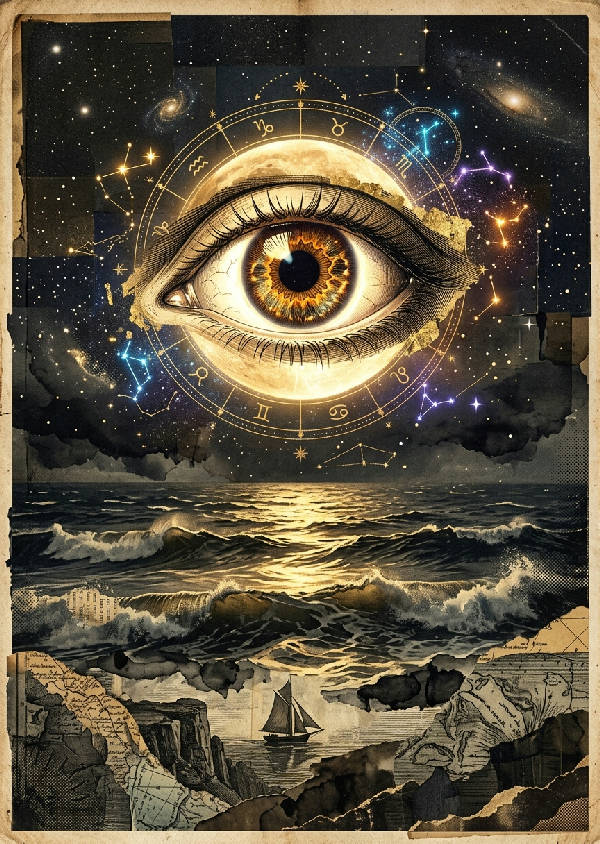 Närbild av ett surrealistiskt öga med långa ögonfransar som blickar ut över ett dimmigt, stormigt hav under en molnig himmel i vintage-stil, porträttorienterad