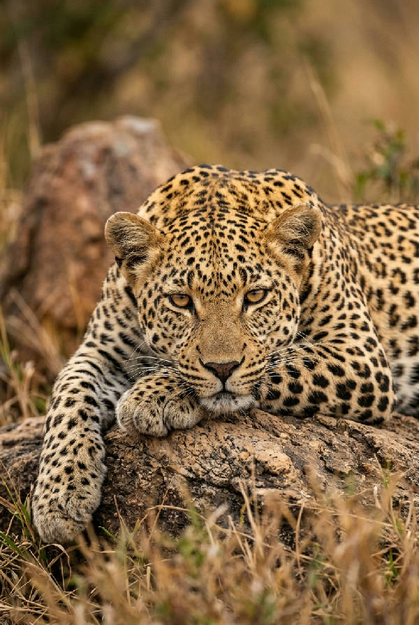 Närbild på en leopard med slående ögon och detaljerad päls, mot en minimalistisk bakgrund i porträttorientering.