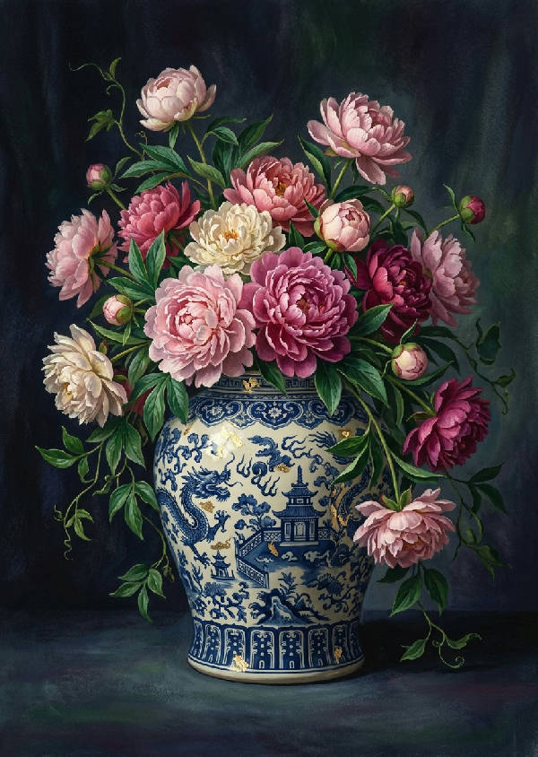 Detaljerad gouachemålning av en blå och vit Chinoiserie ingefärsburk fylld med överdådiga pioner i blått, rosa och grönt.