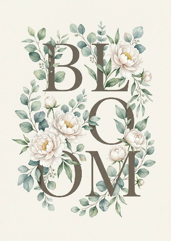 Grön botanisk affisch med ordet “BLOOM” i vit text, omgiven av stiliserade löv och blommor i en minimalistisk, modern stil.