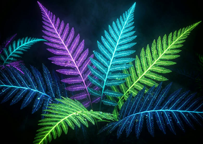 Bioluminiscenta djungelormbunkar i makrofotografi. Neonljus, glödande vener i ultraviolett, cyan, limegrönt mot mörk bakgrund.