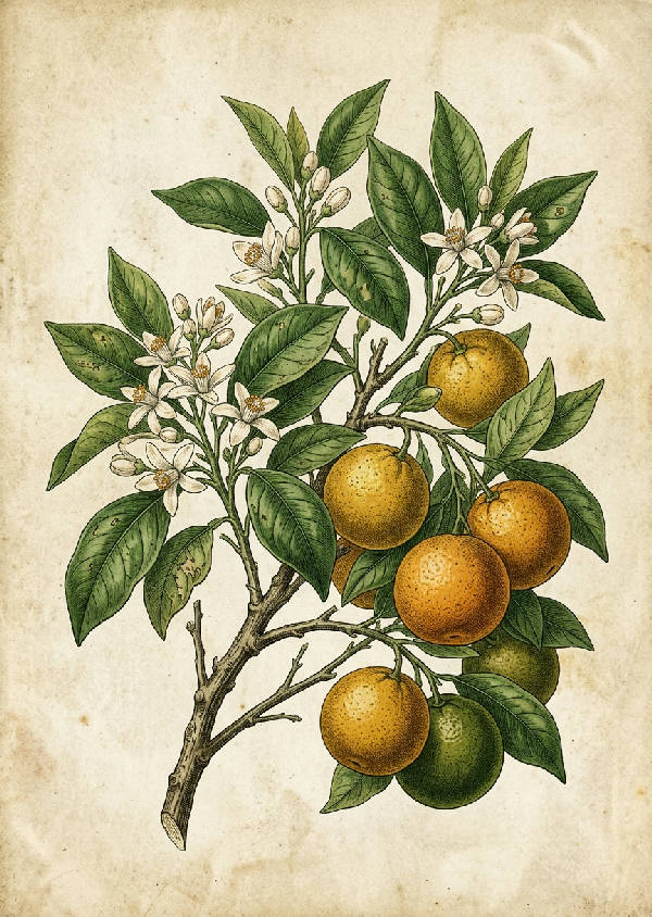 Detaljerad vintage botanisk illustration av ett apelsinträd med mogna orangea frukter, gröna blad och vita blommor i porträttformat.