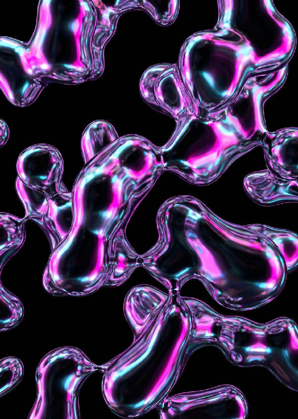 En hyperrealistisk 3D-rendering av böljande former av flytande krom som reflekterar neonrosa, magenta och cyanljus mot en mörk bakgrund.