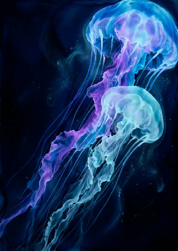 Flytande, eterisk bläckmålning av en jättelik bioluminescerande manet i djuphavet med glödande blå och violetta tentakler.