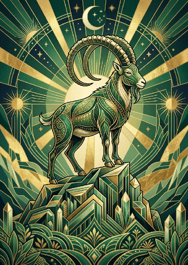 Stiliserad Art deco-stenbock i guld och smaragdgrönt. Geometriska linjer skapar djurets eleganta profil mot en mörk bakgrund, porträttorientering.