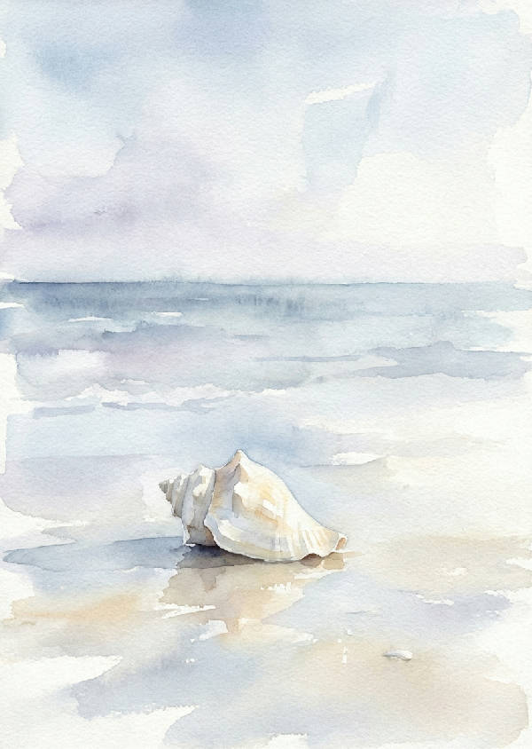 En rofylld, minimalistisk akvarellmålning av ett ensamt, solblekt snäckskal på våt sand vid havet.