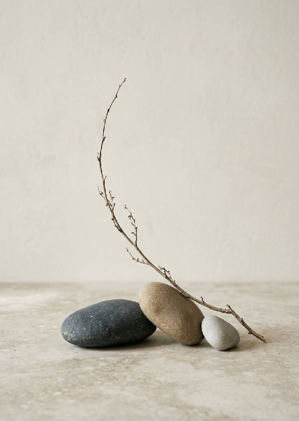 En minimalistisk Japandi-komposition med tre släta, asymmetriska flodstenar i olika storlekar och en tunn gren på neutral bakgrund. Varje sten har en mjuk, varm nyans av beige, varmgrått och kolsvart, arrangerade i en harmonisk men asymmetrisk balans. Den intorkade grenen lutar graciöst mot stenarna och bidrar till känslan av zen. Bakgrunden är diskret ljus och förstärker kontrasten. Bilden har en drömsk kvalitet med mjuk belysning.