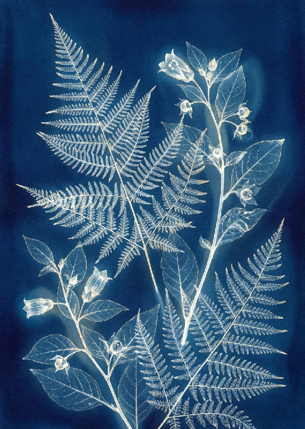 Detaljerad cyanotypi av prussiskblå ormbunkar och belladonna med vita och ljusguldiga silhuetter