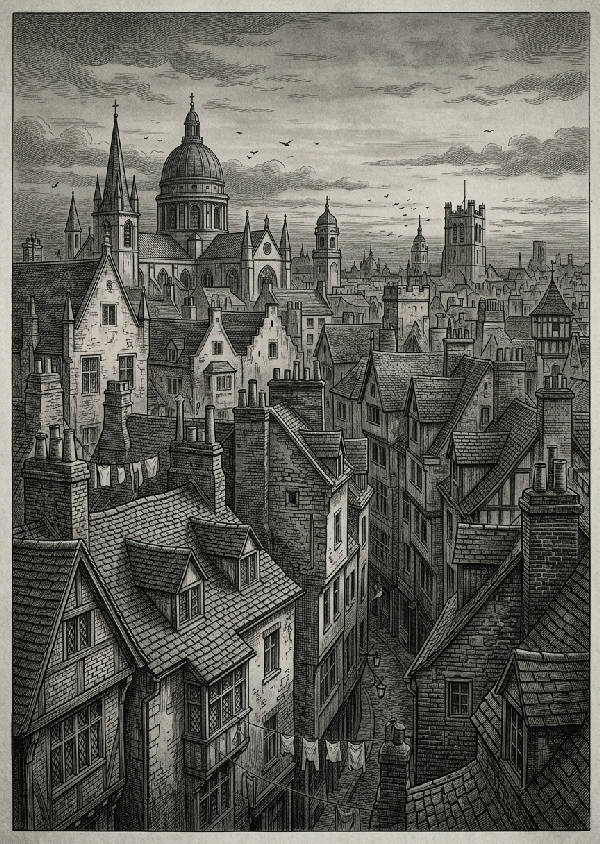 Stående affisch med klassisk europeisk stadsvy i vintagestil och detaljerad gravering i svart