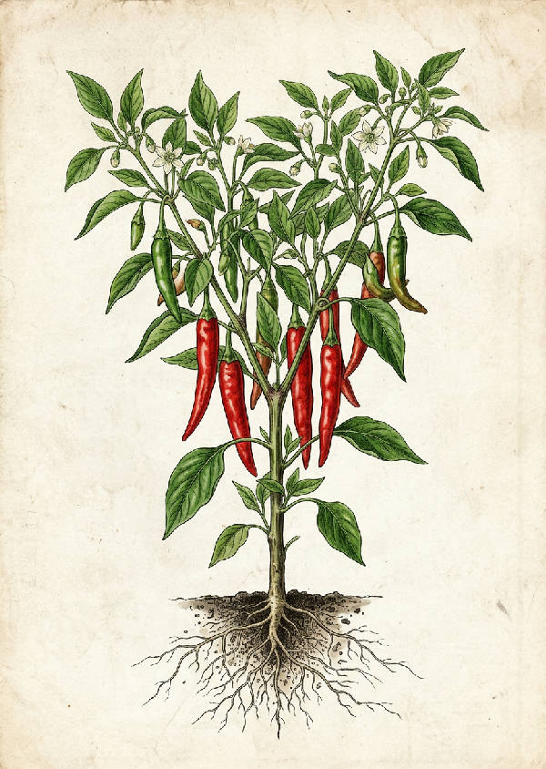 Närbild av en botanisk illustration som föreställer en grön chiliplanta med röda chilipepparfrukter och detaljerade blad.