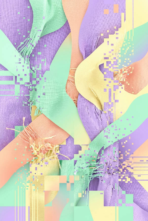 Abstrakt digitalt kollage med mjuka geometriska former och glitchande pixlar, liknar en vävd textil. Med lavendel, mintgrön, mjuk persika och blek smörgul.