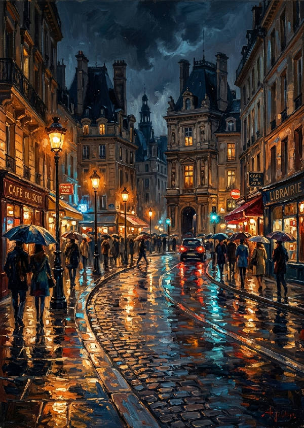 Impressionistisk oljemålning föreställande en regnig stadsgata med glänsande neonreflexer i pölarna och mörka byggnader i bakgrunden.