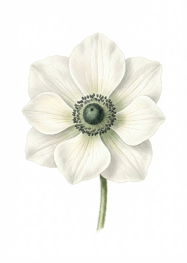 Närbild av en blommande vit anemon med tunna kronblad och en mörkt grönsvart mitt på vit bakgrund.