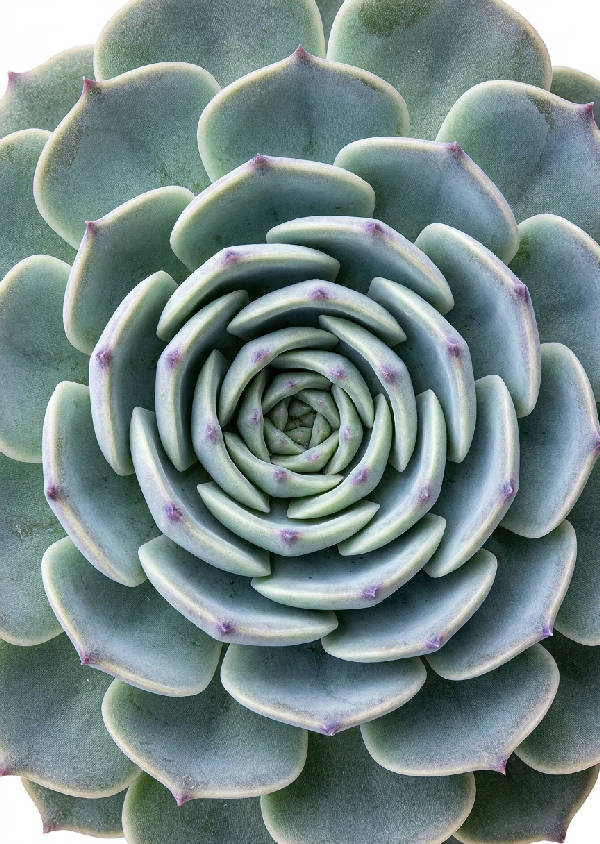 Närbild av en suckulent rosett sedd direkt ovanifrån, med ett perfekt Fibonacci-spiralmönster av blad. Mjuka gröna och dammiga blå nyanser med lila spetsar, mot en ren vit bakgrund.
