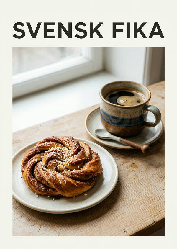 Minimalistisk fika poster med orden 'Svensk Fika', en kanelbulle och en kopp kaffe på vit bakgrund, i 60-talsstil, porträttorienterad.