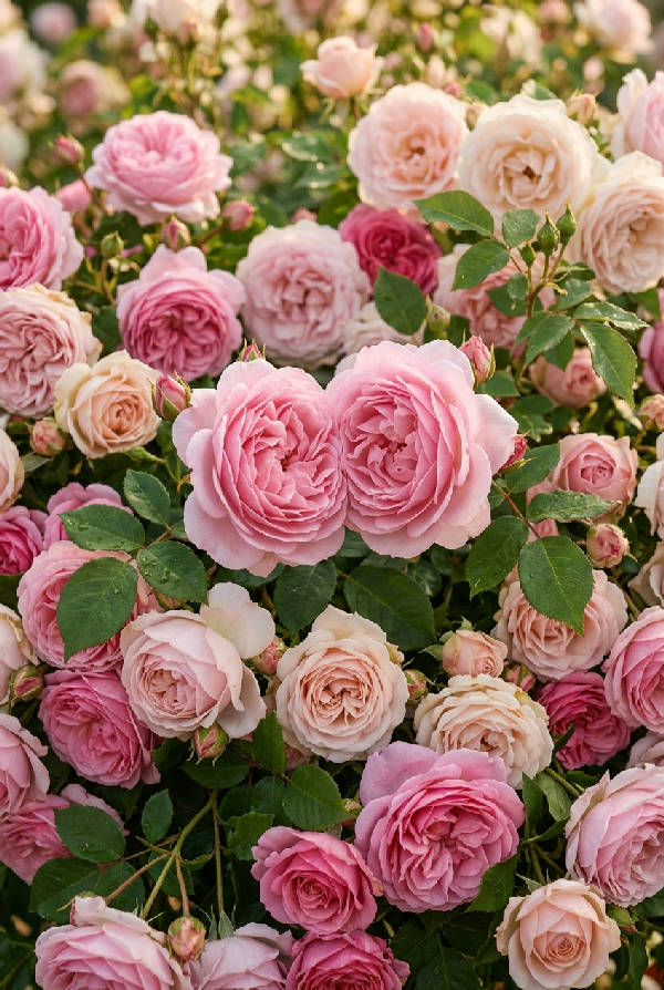 Två rosa rosor som omfamnar varandra i en mjuk blomsterkomposition med delikata kronblad och varm belysning, porträttorienterad.