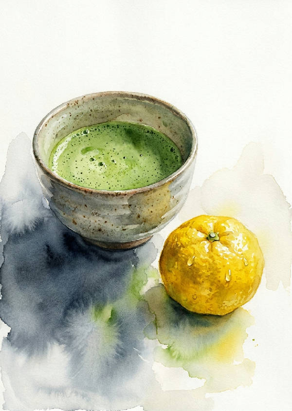 Delikat genomskinlig akvarell av rustik keramikskål med skummande grönt matcha-te bredvid gul yuzu-frukt, mjuka bakgrundsskuggor.