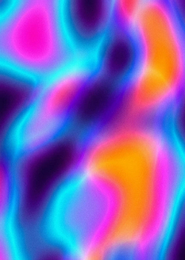Abstrakt glödande aura konst. Mjuka, suddiga gradienter i neon magenta, cyan, violett och orange med en grynig, eterisk textur.