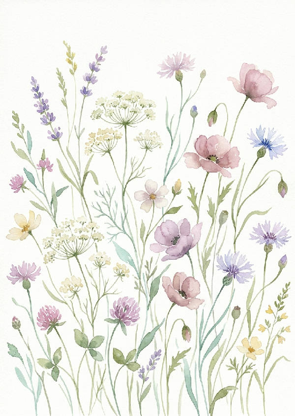 Detaljerad akvarellmålning i porträttformat föreställande en frodig sommaräng med vilda blommor och grönt gräs under klar himmel.