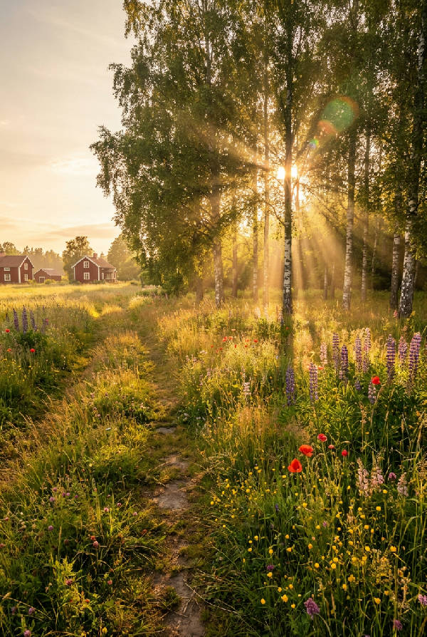 Förstapersonsvy av en grön svensk sommaräng med solljus som silar genom trädens lövverk