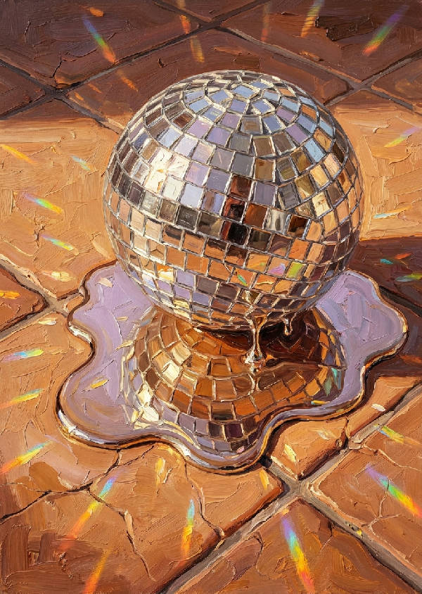 Oljemålning av silver discokula som smälter på terrakottaplattor, reflekterande gyllene timsljus och regnbågsbrytningar.