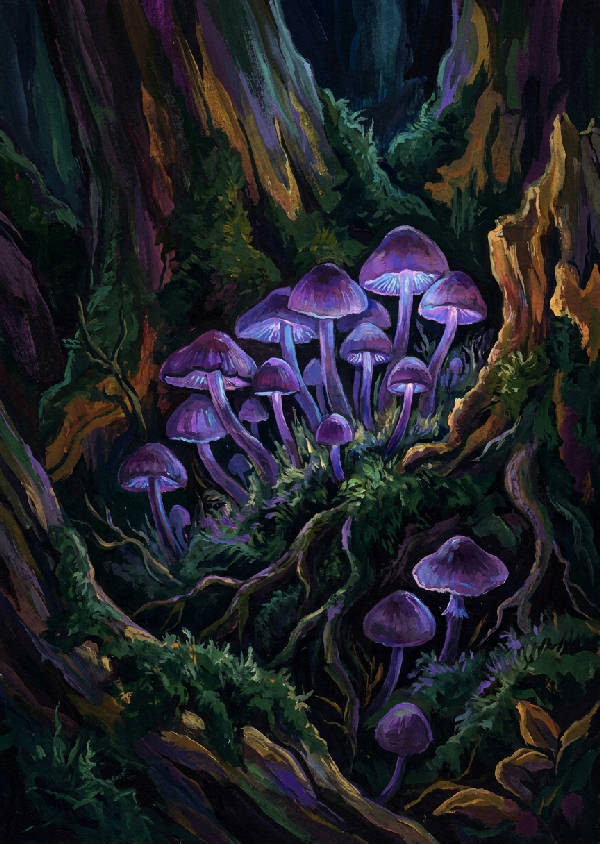 Kluster av bioluminiscenta ametistsvampar på mörk mossa och rötter i gouache-stil. Djupa lila, gröna och blå färger med dramatiskt ljus, porträtt.