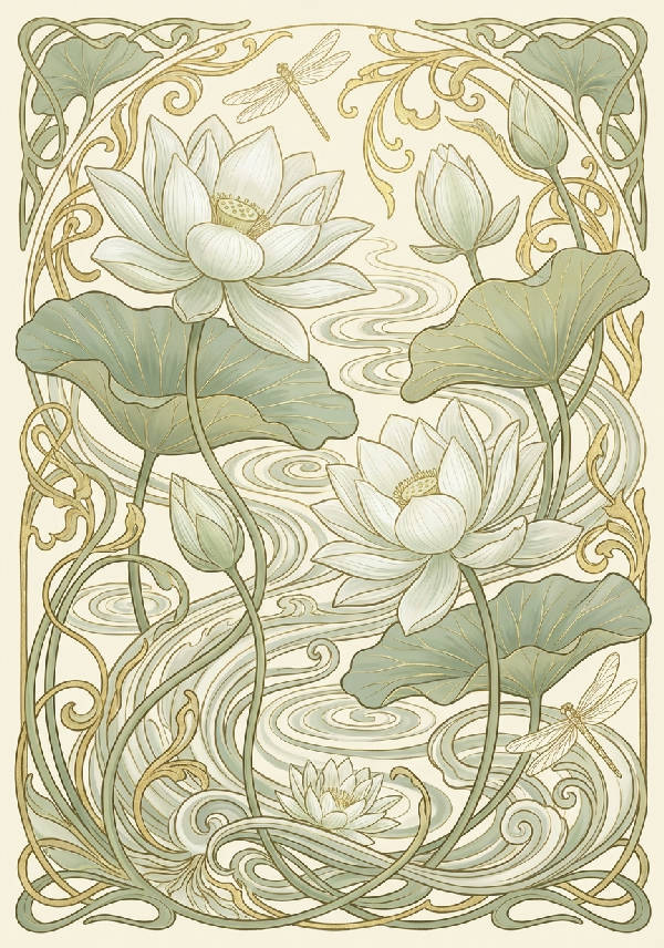 Elegant Art Nouveau revival poster med lotusdamm, graciösa blommor, flödande vattenmotiv, invecklat linjearbete i mjuka salvia- och pärltoner med guldaccenter på krämfärgad bakgrund.