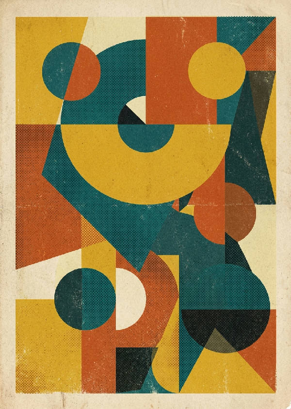 Stående abstrakt konsttryck med texturerade mid-century geometriska former i en livlig mångfärgad palett.