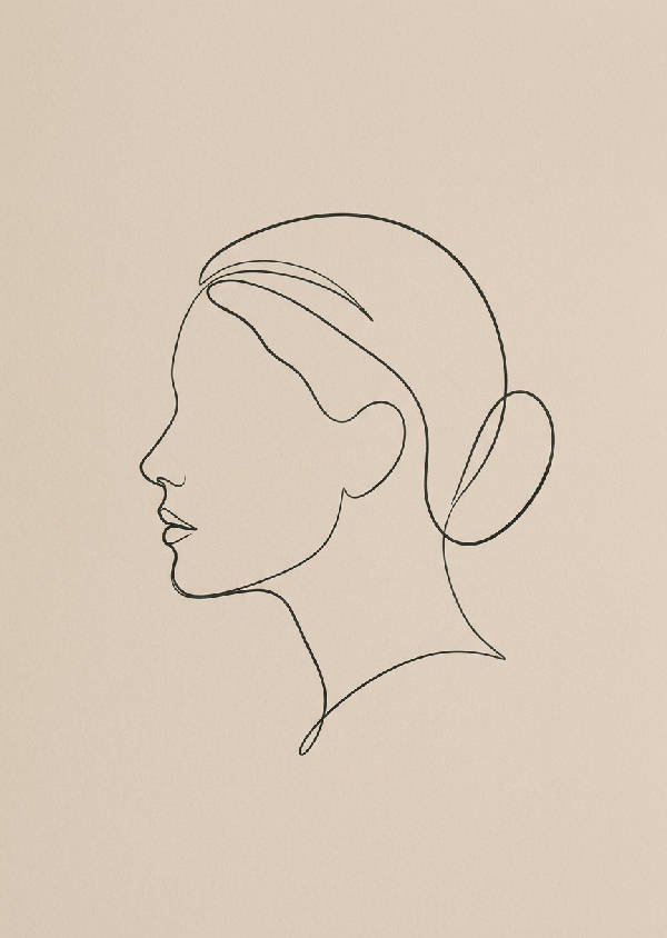 Svartvit line art poster föreställande ett symmetriskt ansikte med minimalistiska drag.