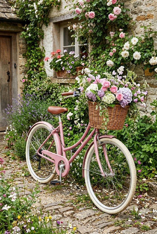 Romantisk rosa vintage cykel med en korg fylld med blommor i en charmig illustrativ stil