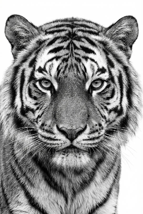 Närbild i svartvitt på ansiktet av en majestätisk tiger med ränder och skarpa ögon.