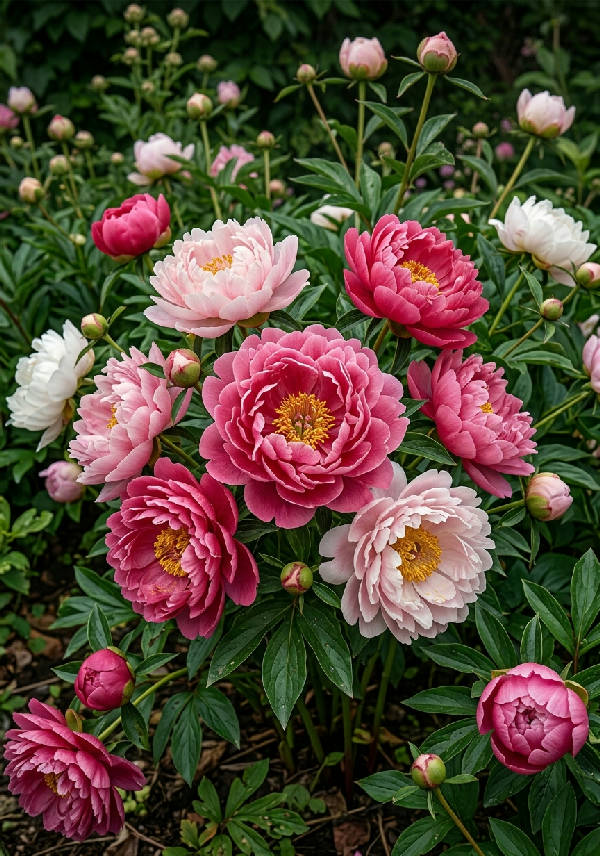 Närbild av flera rosa pioner med gröna blad i olika stadier av blomning, konstnärlig illustration.