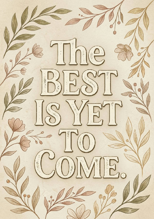 Närbild på en beige handtextad typografi poster med texten "The Best Is Yet To Come" i dekorativt typsnitt.