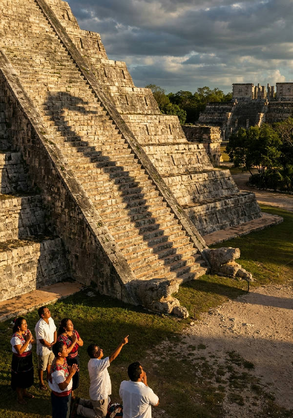 Hyperrealistisk bild av Kukulkánpyramiden vid Chichen Itza under dagjämningen, med ormskuggan tydligt synlig längs trappan och besökare nedanför