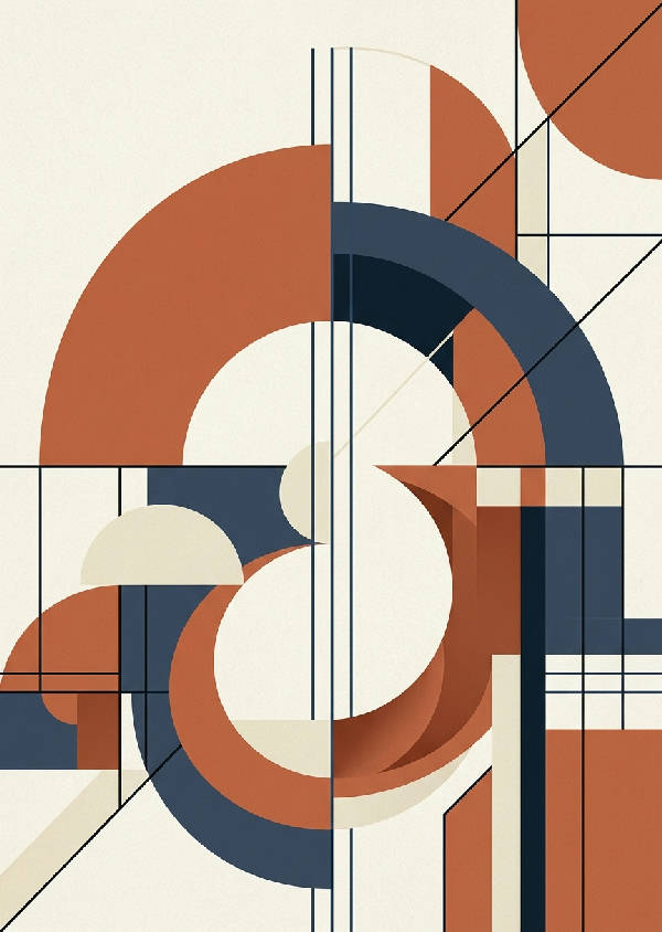 Porträttorienterad abstrakt konst i Bauhaus-stil med skarpa geometriska former i rött, svart och vitt.