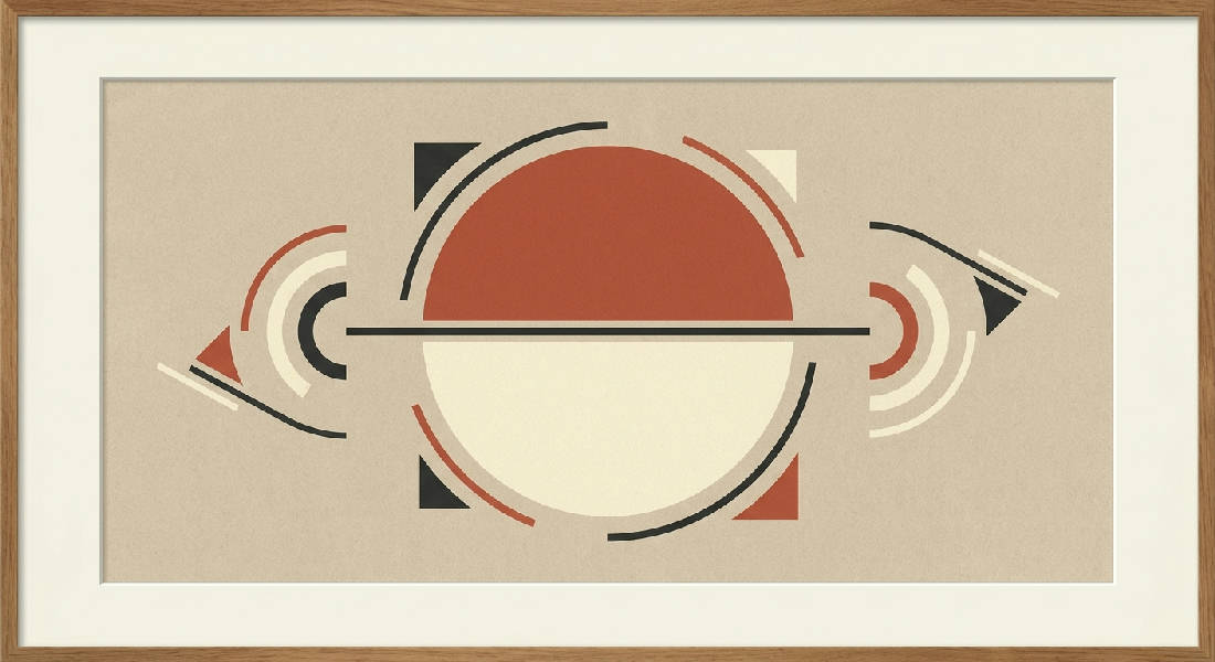 Geometrisk abstrakt komposition med en central cirkel i terracotta rött och krämvitt, svart linje, texturerad beige bakgrund.