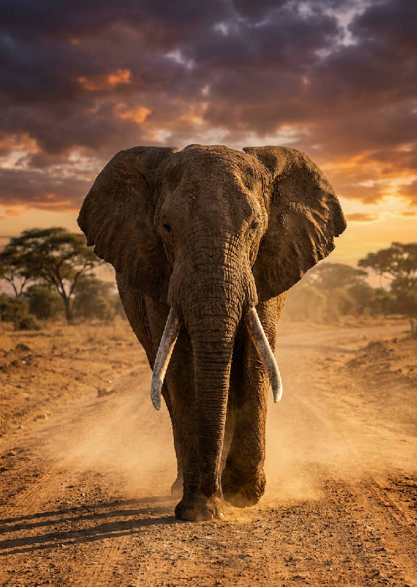 Närbild filmiskt fotografi av en stor elefant som går mot betraktaren på en dammig jordväg