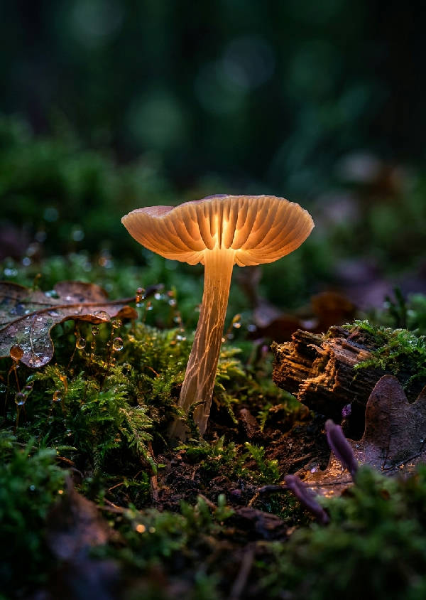 Närbild av en mystisk självlysande svamp med ett bärnstensfärgat sken, växande på sammetslen skogsmossa bland daggdroppar och förmultnande löv, med en mjuk bokehbakgrund.